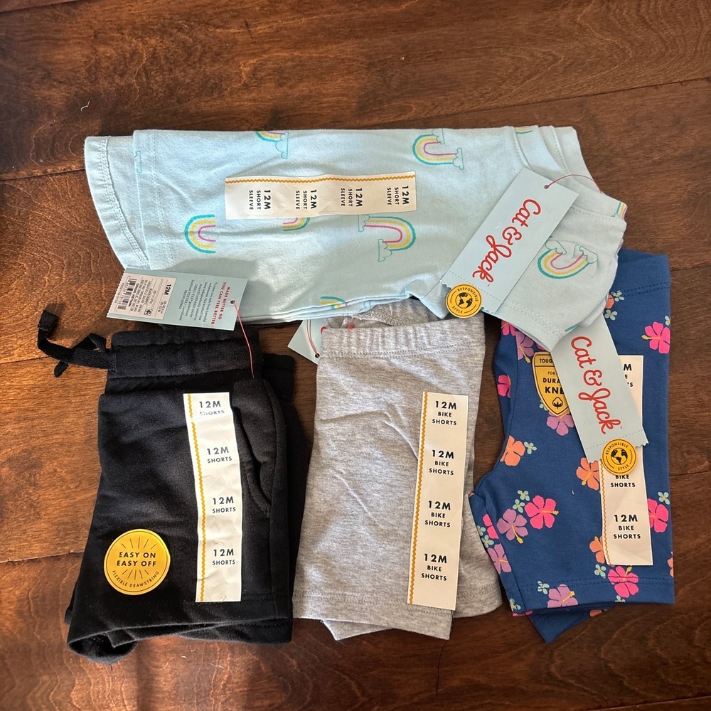 Cat and‎ Jack Girls 12 Month Shorts and Shirt New Summer Lot Rainbow Floral Blue